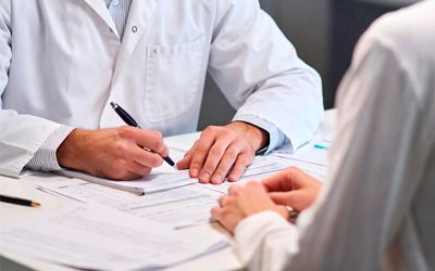 Врач заполняет медицинские документы во время приёма пациента